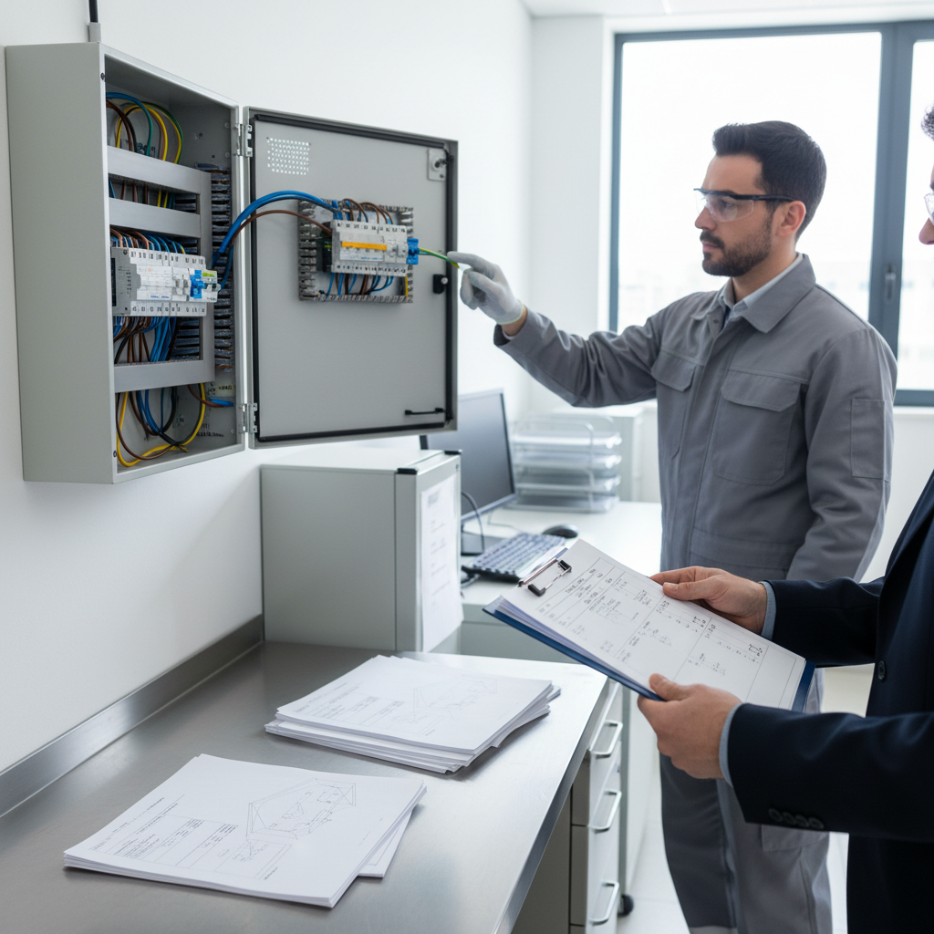 Técnico inspeccionando un cuadro eléctrico profesional en Rivas-Vaciamadrid para tramitar un boletín eléctrico
