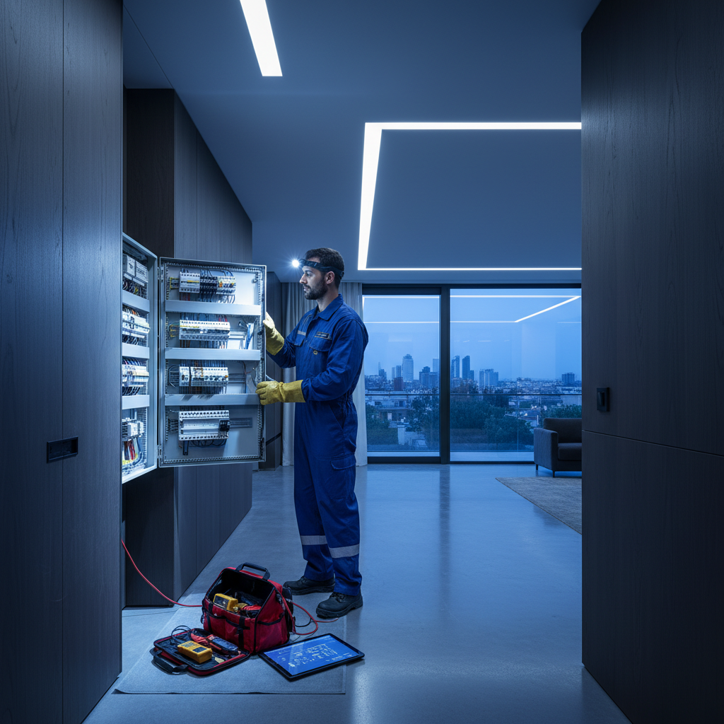 Técnico electricista revisando un cuadro eléctrico de alta complejidad en una vivienda de La Moraleja