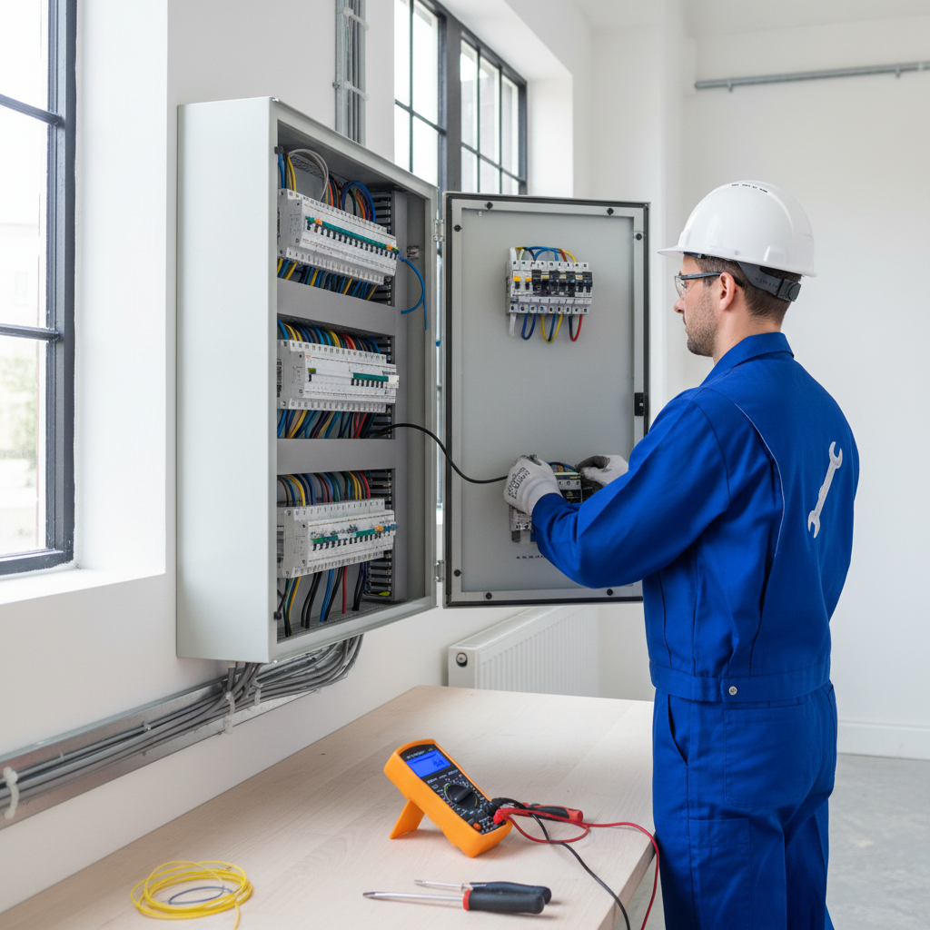 Técnico revisando el cuadro eléctrico en una vivienda residencial de Alcobendas