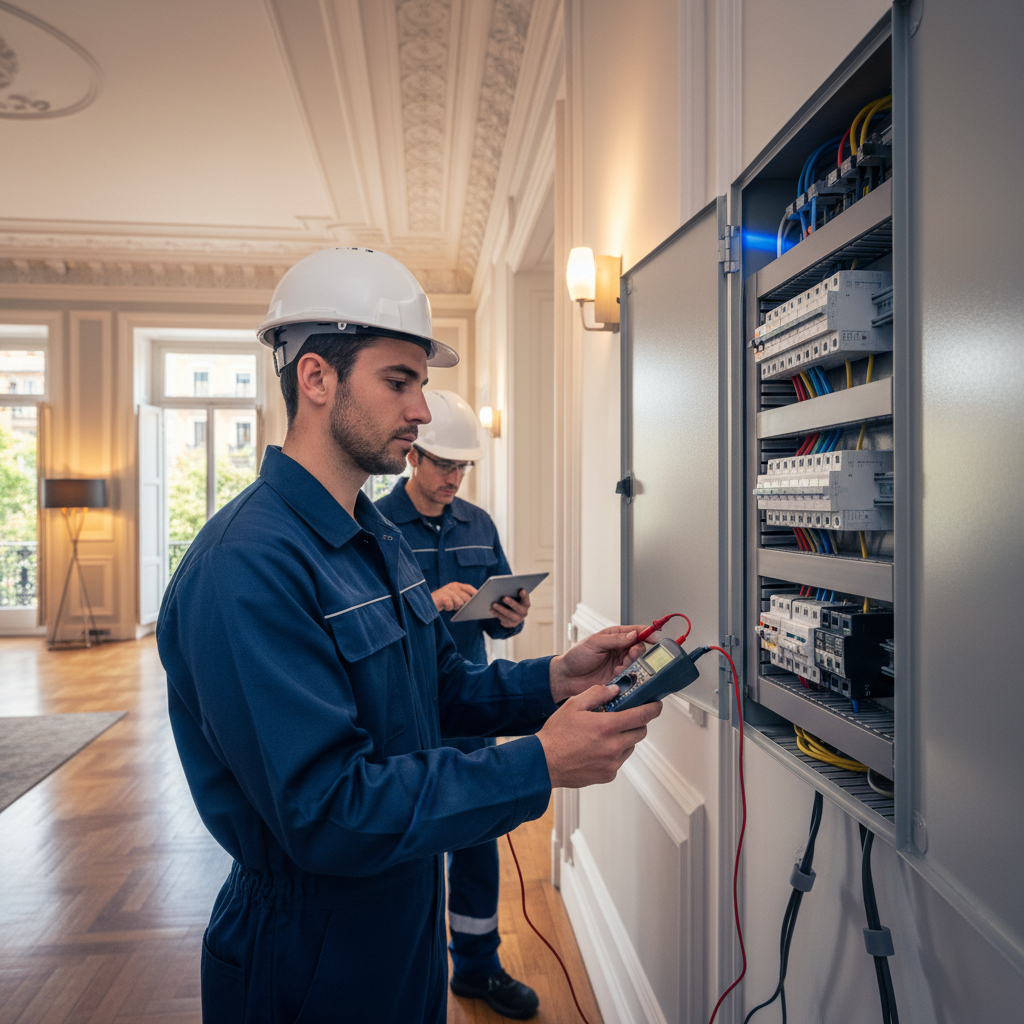 Electricista revisando un cuadro eléctrico en un piso del barrio de Salamanca en Madrid