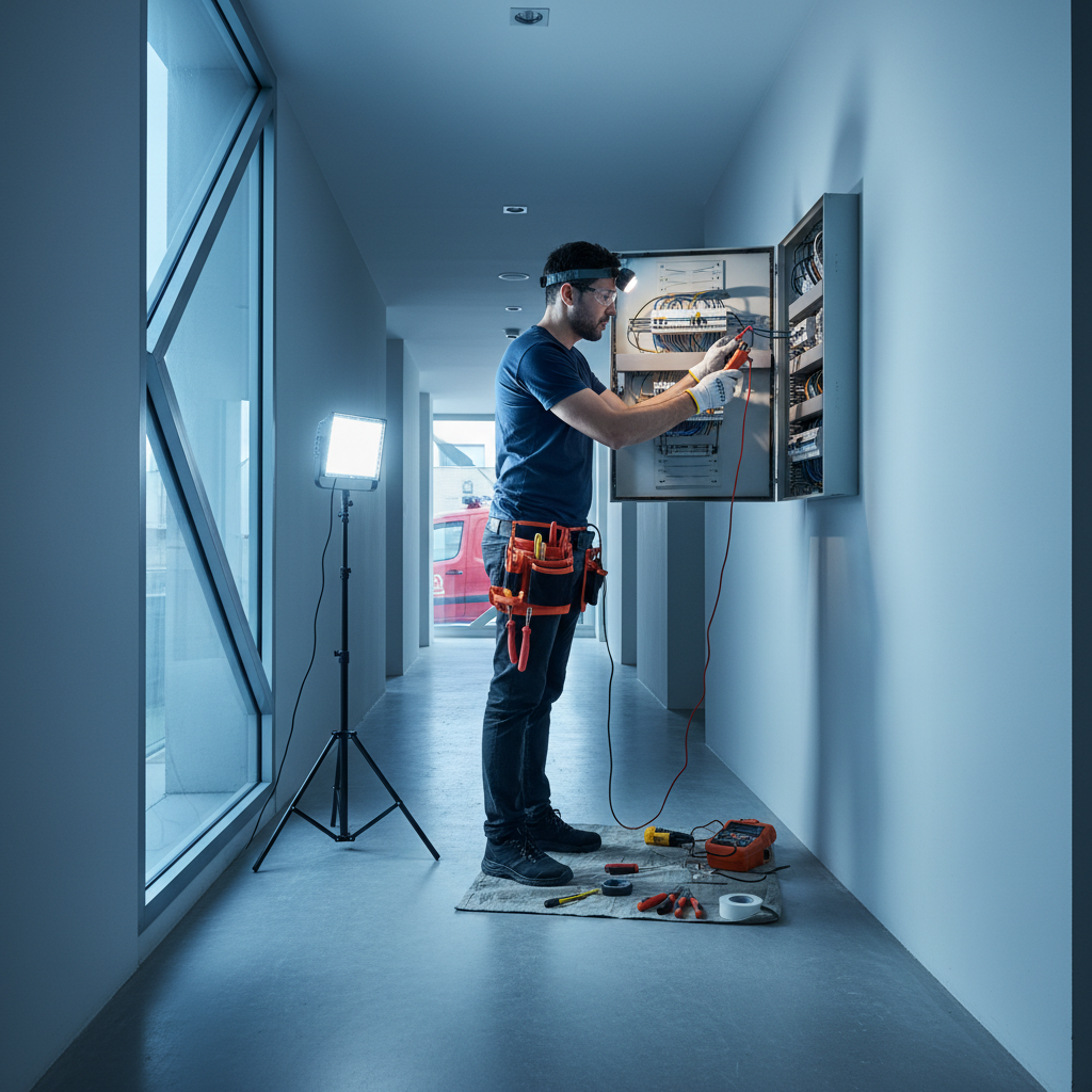 Técnico electricista revisando un cuadro eléctrico moderno en una vivienda de Sanchinarro