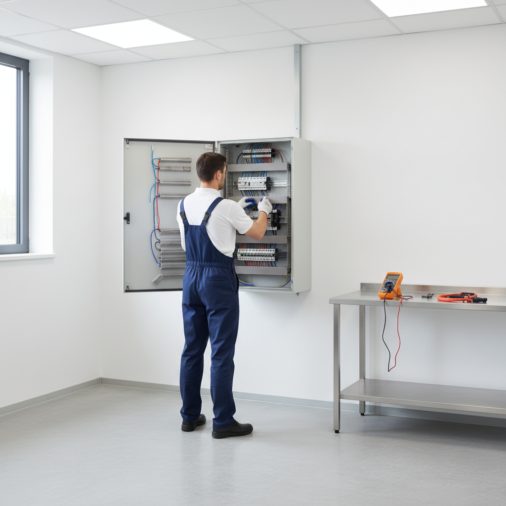Técnico especialista comprobando el cuadro eléctrico de una vivienda en Tetuán con herramientas de diagnóstico