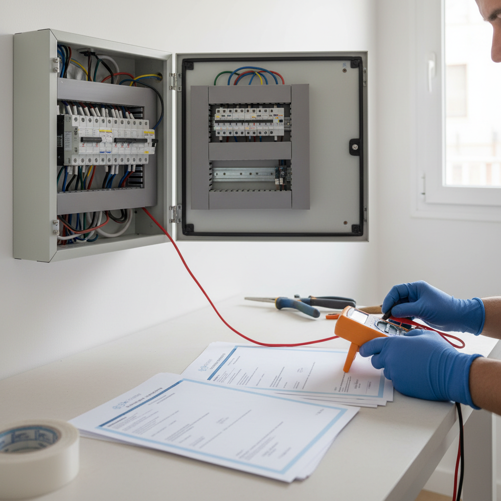 Técnico especialista revisando cuadro eléctrico para emitir el certificado eléctrico de alta de luz en Alcorcón.