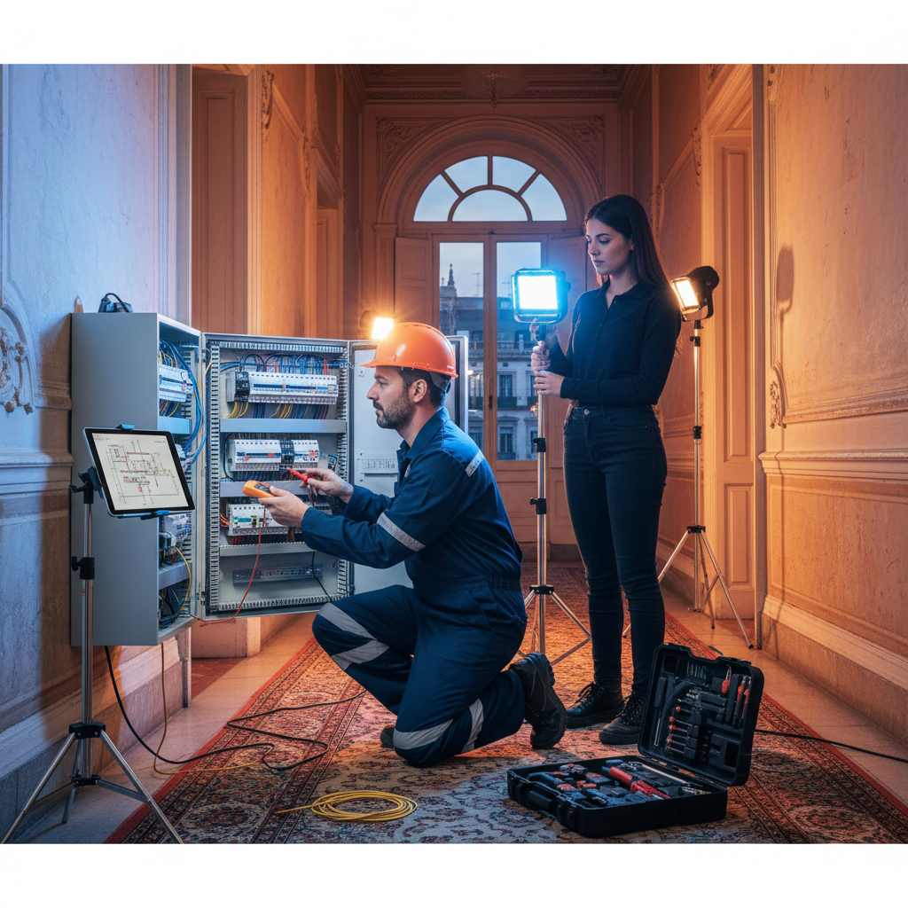 Electricista autorizado realizando una reparación técnica de urgencia en Madrid