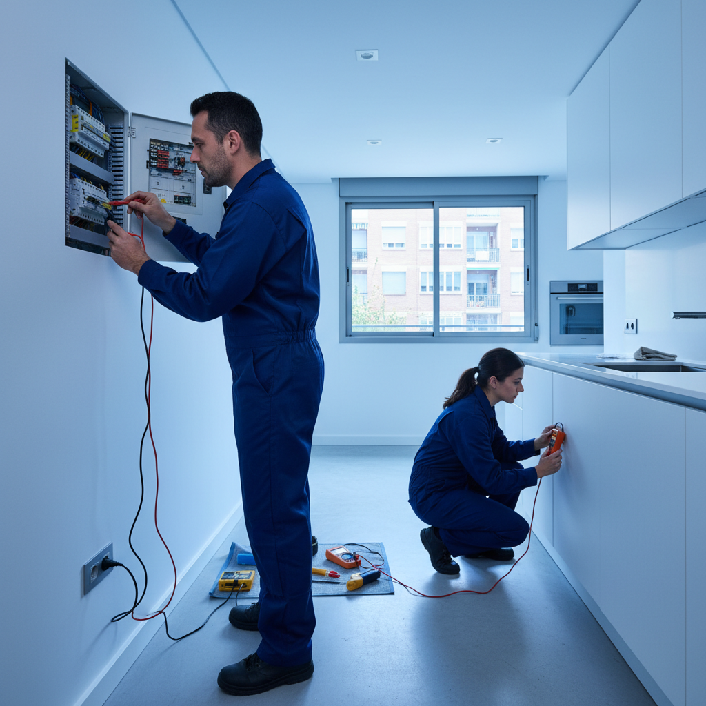 Técnico electricista realizando mediciones en la caja de mecanismos tras un cortocircuito en Getafe