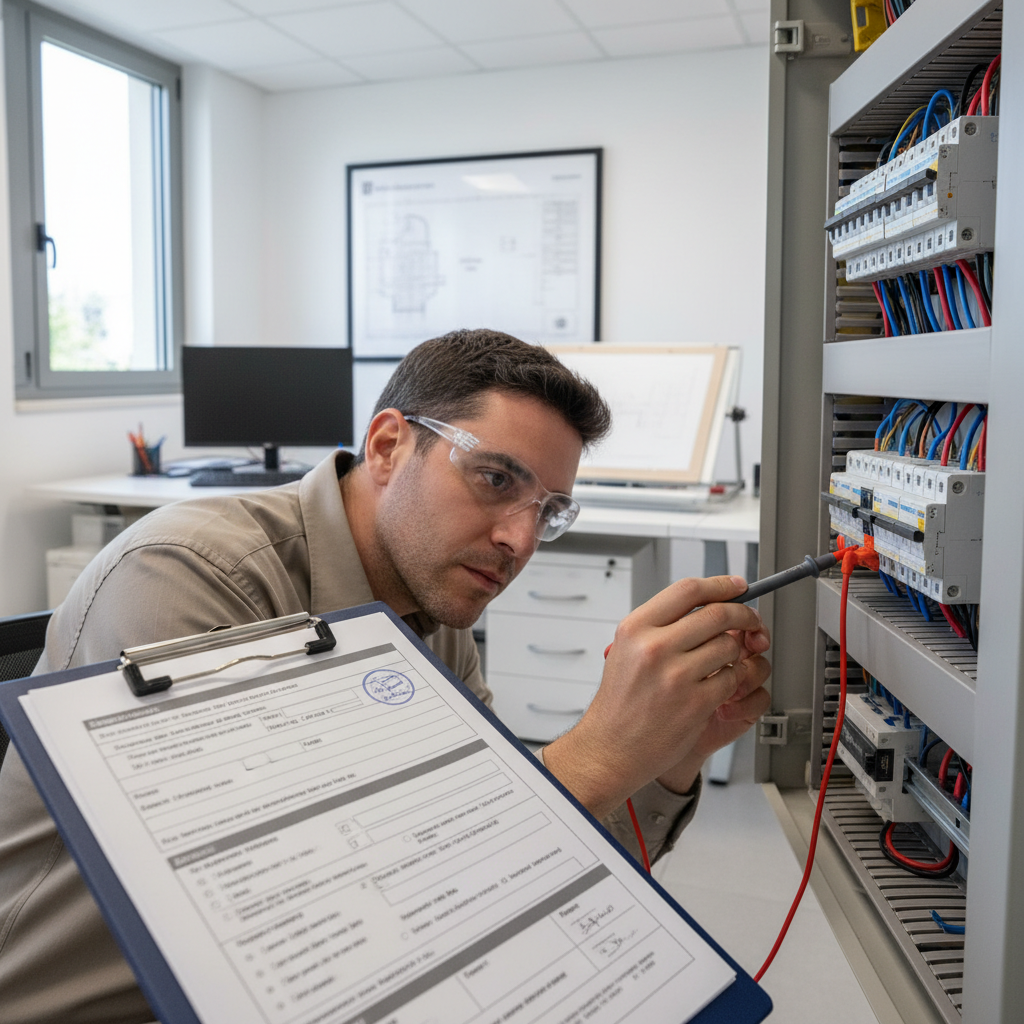 Técnico especialista revisando cuadro eléctrico para emisión de certificado de alta de luz en Leganés