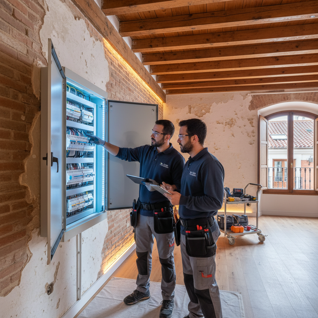 Electricista autorizado inspeccionando un cuadro eléctrico moderno en una vivienda antigua del barrio de Embajadores en Madrid