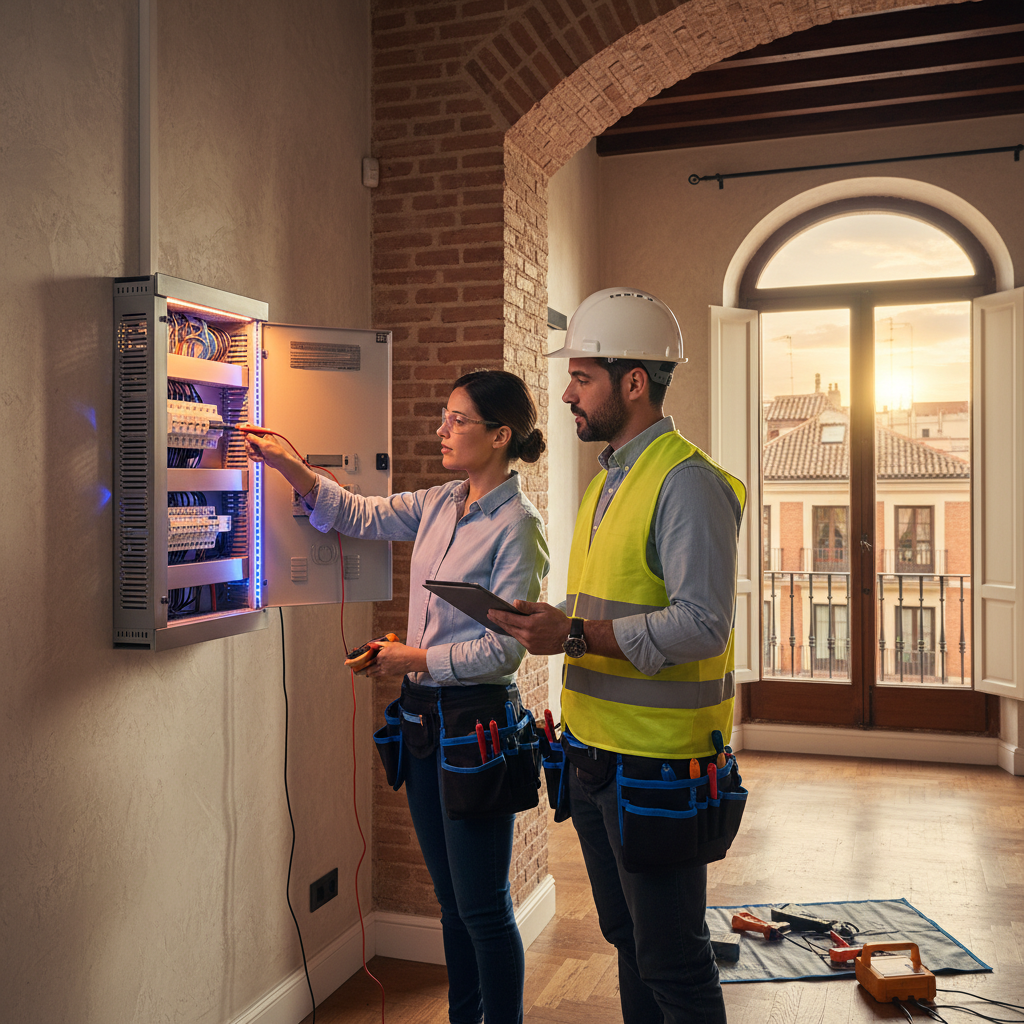 Técnico de Telelectric revisando minuciosamente un cuadro eléctrico en un inmueble del barrio de Lavapiés en Madrid.