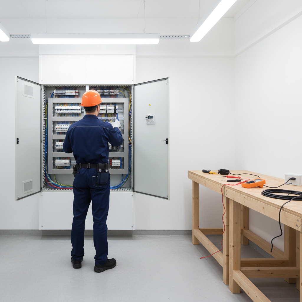 Técnico especialista revisando con un multímetro el cuadro eléctrico de una vivienda en Hortaleza.