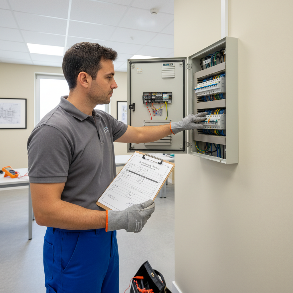 Técnico especialista revisando cuadro eléctrico y redactando documento de certificado eléctrico para alta de luz en Alcalá de Henares.