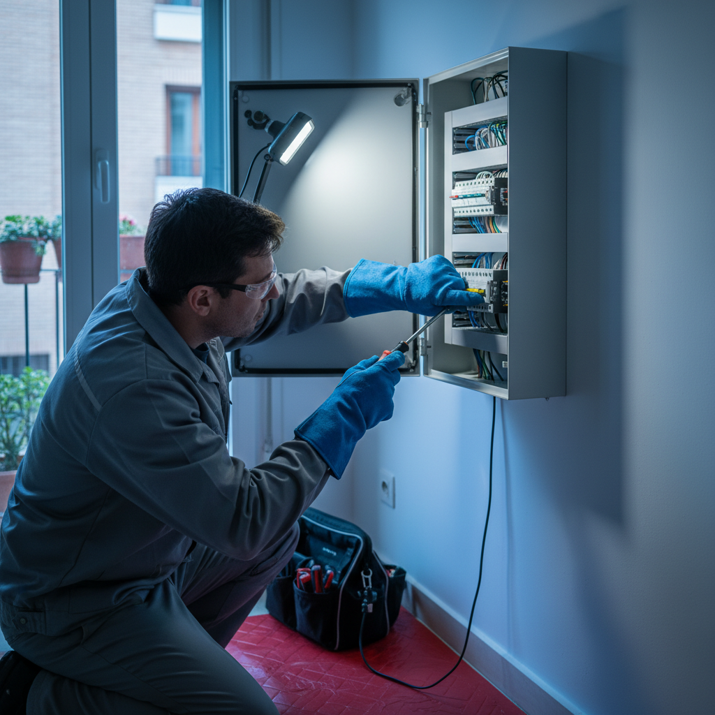 Técnico cualificado realizando revisión y apriete de bornes en un cuadro eléctrico residencial en Retiro