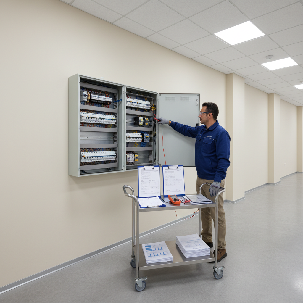 Técnico especialista inspeccionando el cuadro eléctrico de un local comercial en Las Rozas para certificar la instalación.