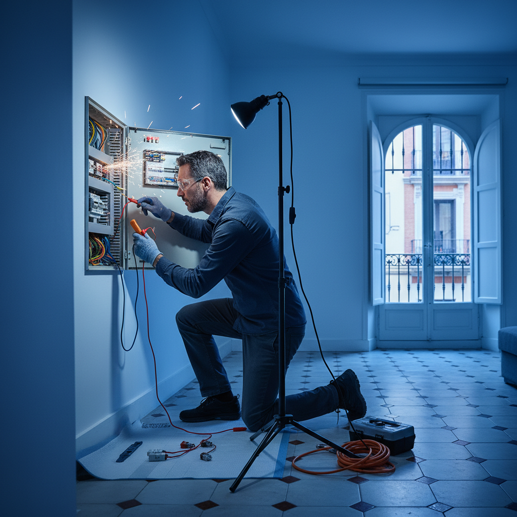 Técnico electricista revisando un cuadro de fusibles en una vivienda del Barrio de Salamanca de Madrid