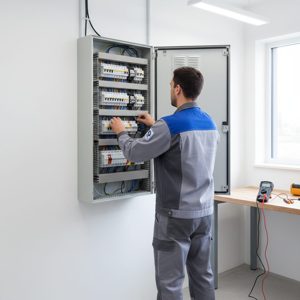 Técnico cualificado realizando la verificación técnica de un cuadro de mando para expedir el certificado de instalación eléctrica en Leganés