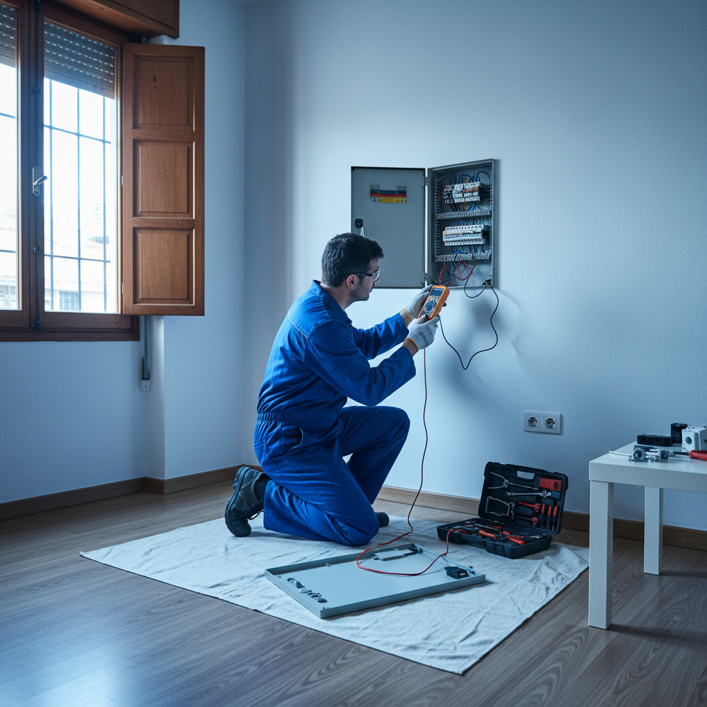 Técnico revisando un mecanismo de enchufe y caja de registro en una vivienda de Ciudad Lineal