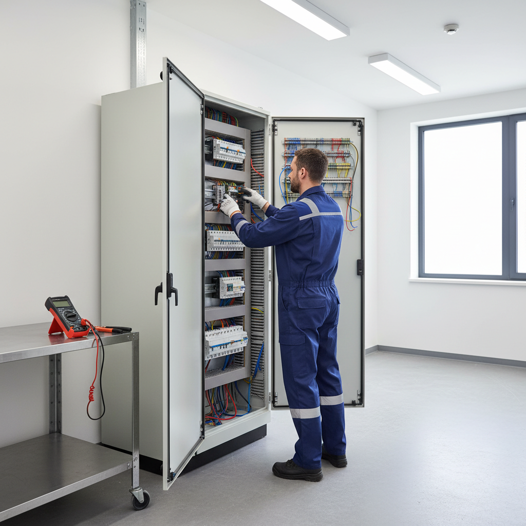 Electricista autorizado verificando la instalación de un diferencial de rearmado automático en un cuadro eléctrico de una vivienda en Retiro, Madrid.