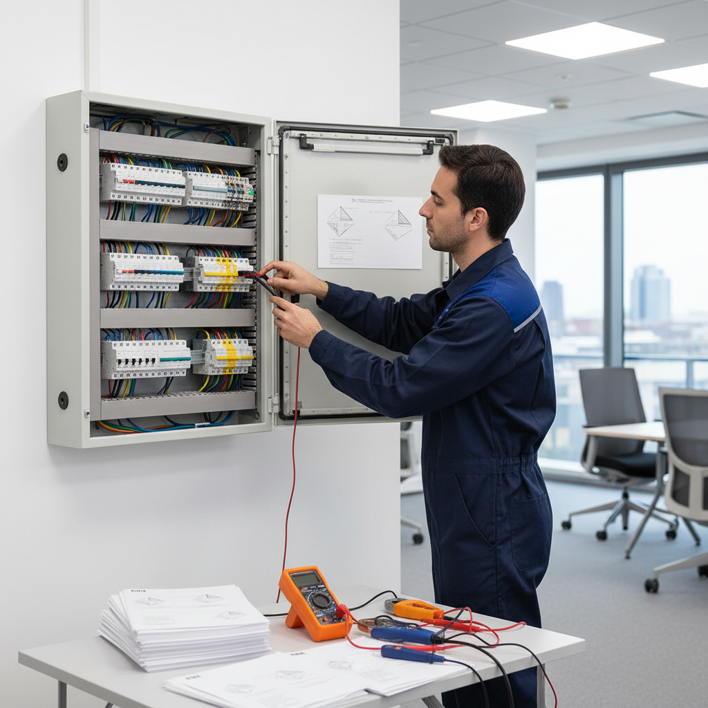 Técnico especialista revisando el cuadro eléctrico y la documentación del CIE en Madrid