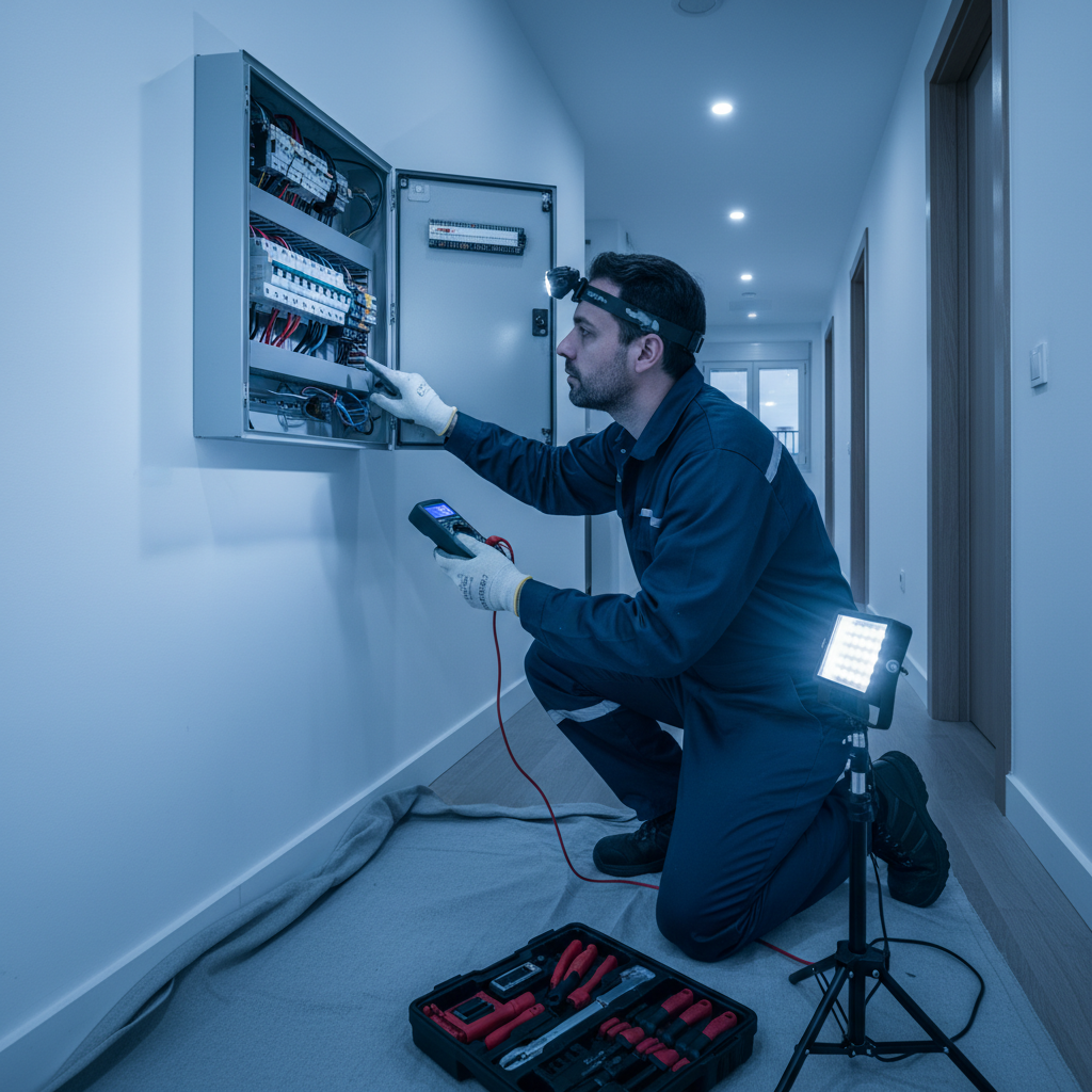 Técnico electricista revisando un cuadro eléctrico durante una reparación de averías en Arganzuela