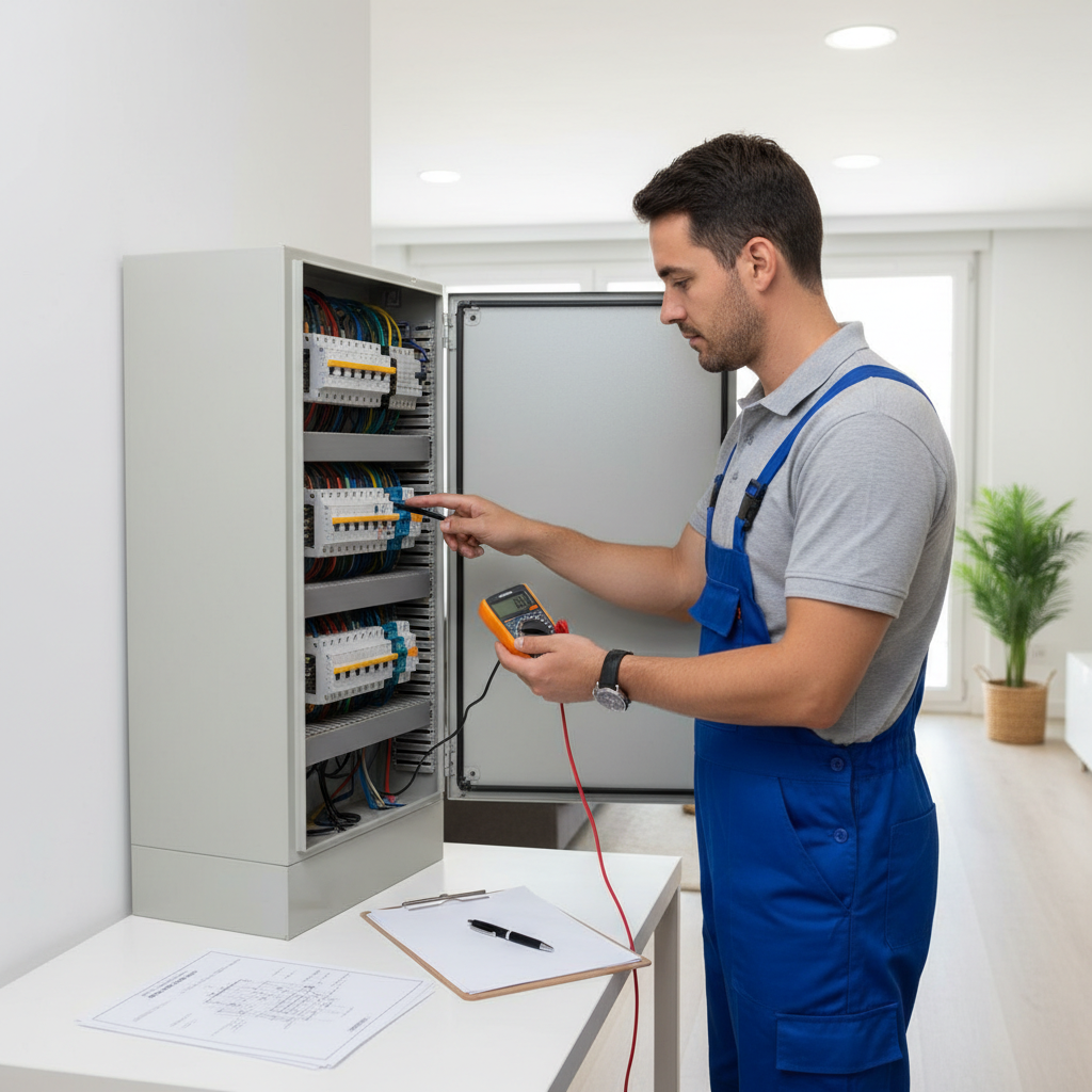 Técnico especialista realizando la verificación técnica de un cuadro eléctrico para certificado en Móstoles