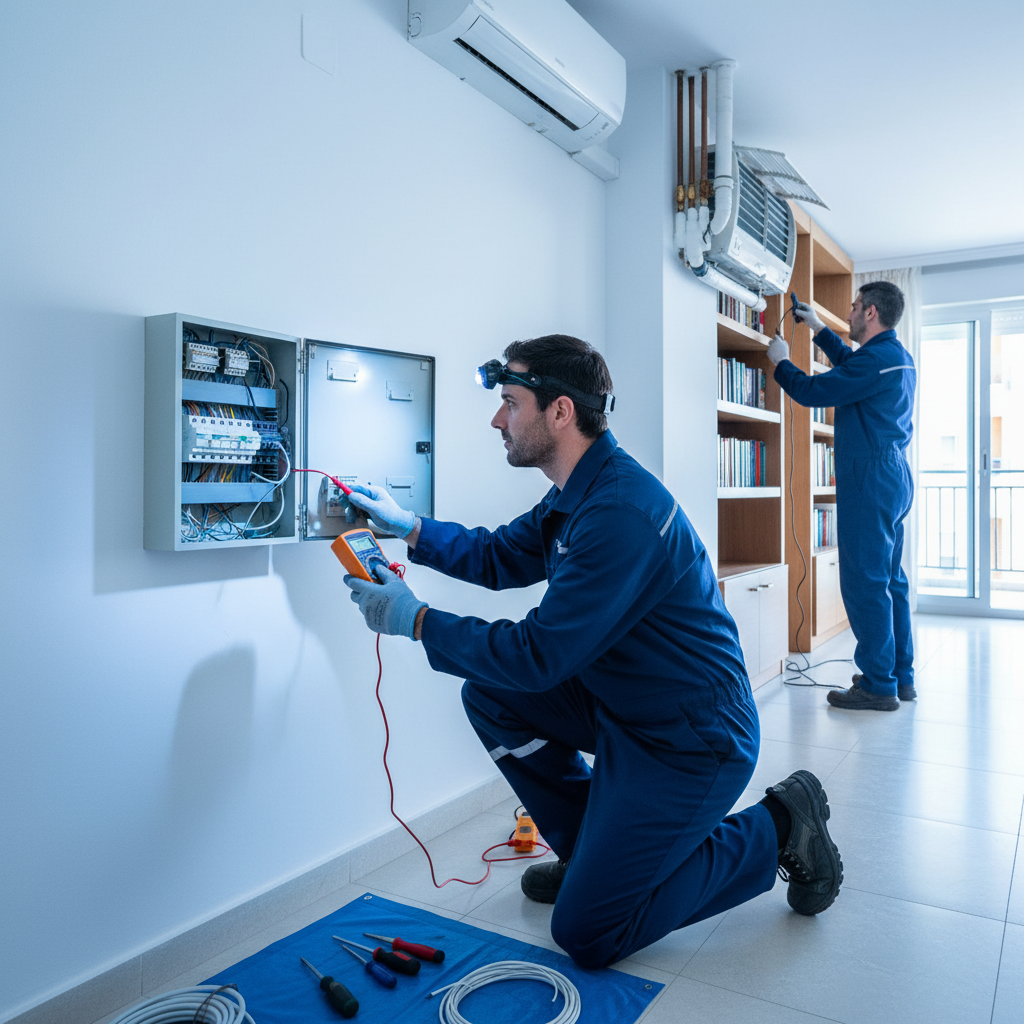 Técnico midiendo el aislamiento eléctrico de una unidad de aire acondicionado en Alcobendas