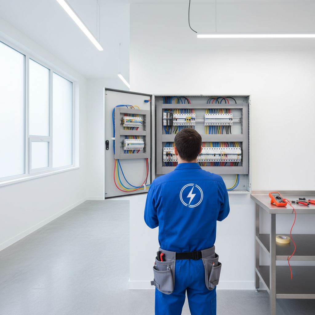 Electricista profesional analizando un cuadro eléctrico en una vivienda con problemas de humedad