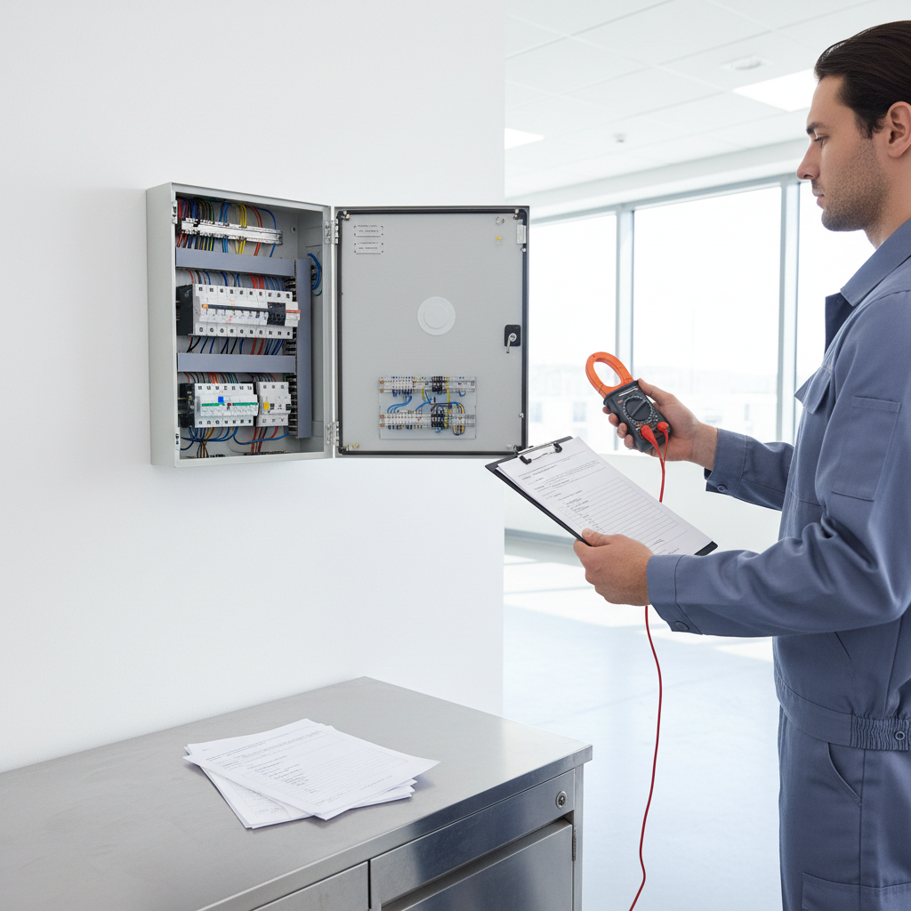 Técnico especialista revisando una instalación eléctrica y redactando la documentación de certificación en Fuenlabrada