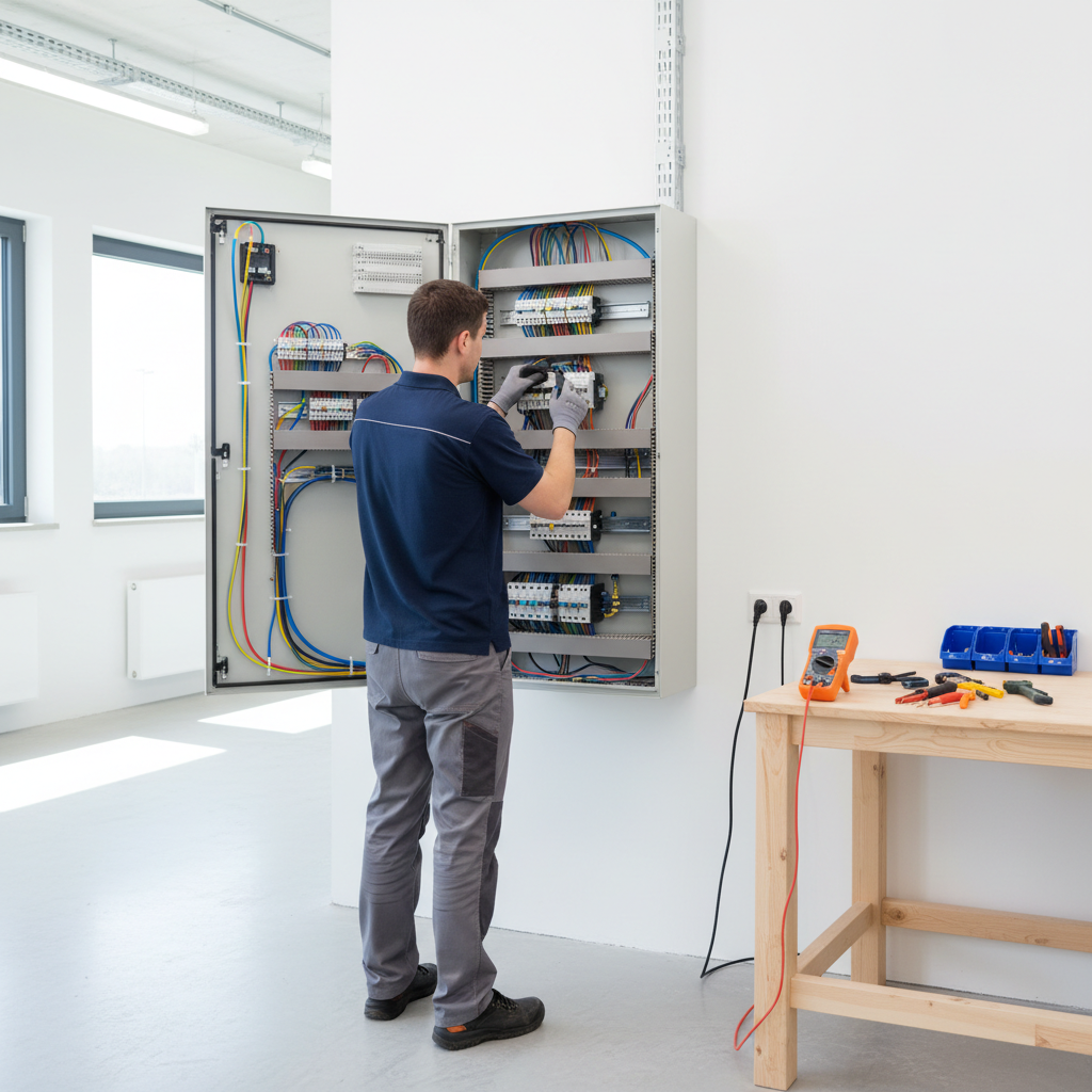 Electricista autorizado revisando un cuadro eléctrico en un edificio de Chamberí para la obtención del boletín eléctrico