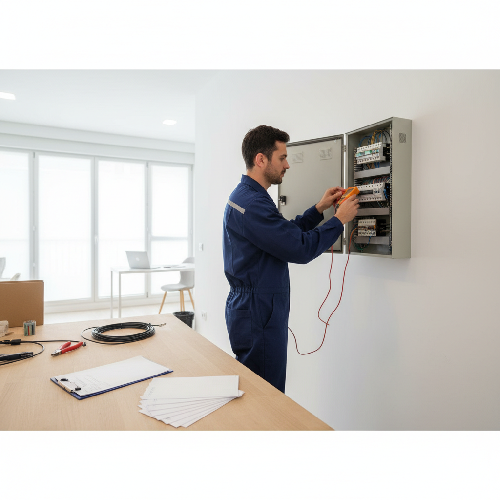 Técnico cualificado verificando la instalación del cuadro eléctrico en una propiedad de Alcalá de Henares para la emisión del certificado eléctrico.