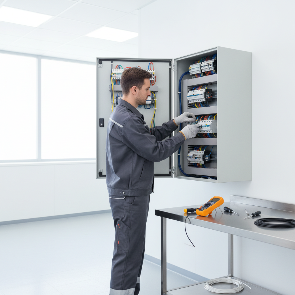 Técnico cualificado revisando cuadro de protección eléctrica para emitir certificado eléctrico en Rivas-Vaciamadrid.
