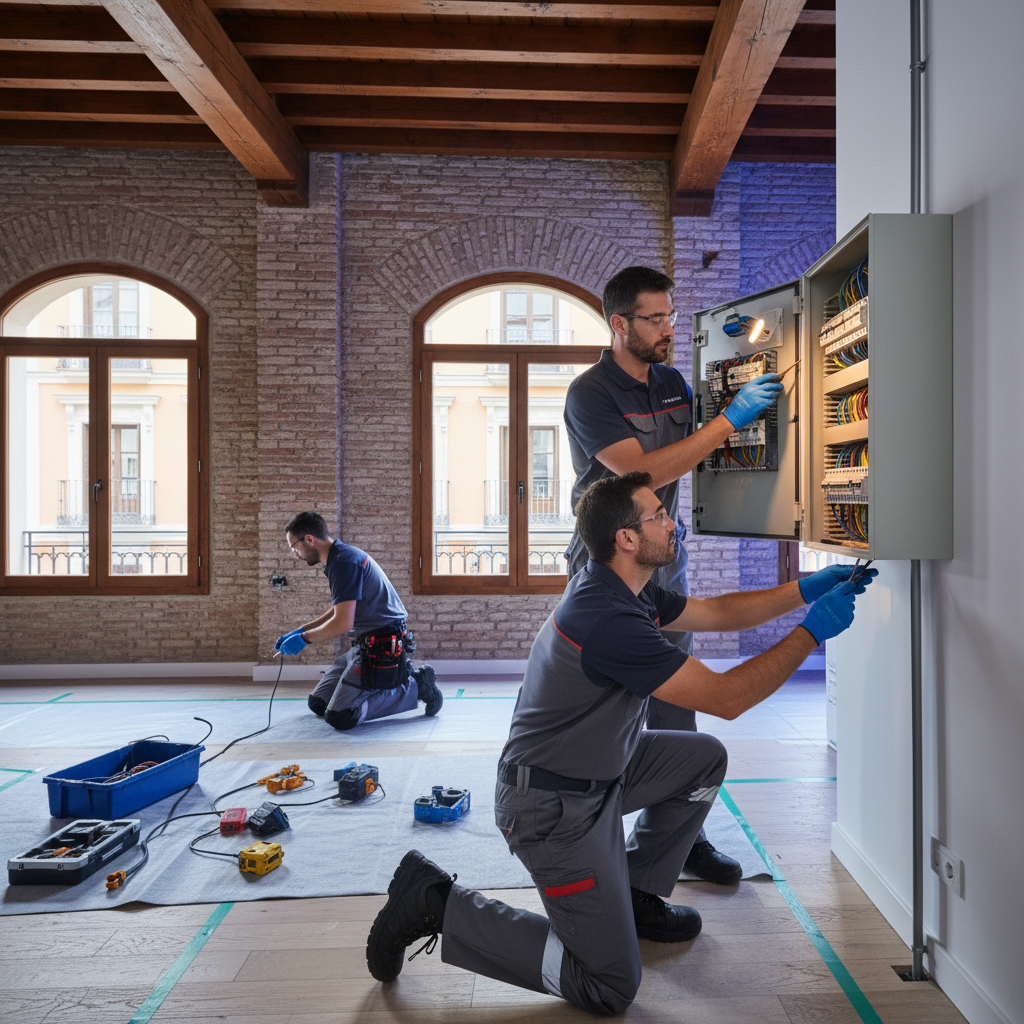 Electricista autorizado cambiando un cuadro eléctrico moderno en una finca del barrio de Palacio en Madrid