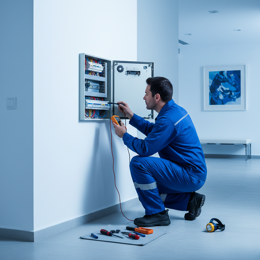 Técnico especialista revisando un cuadro eléctrico residencial en un inmueble del distrito de Hortaleza