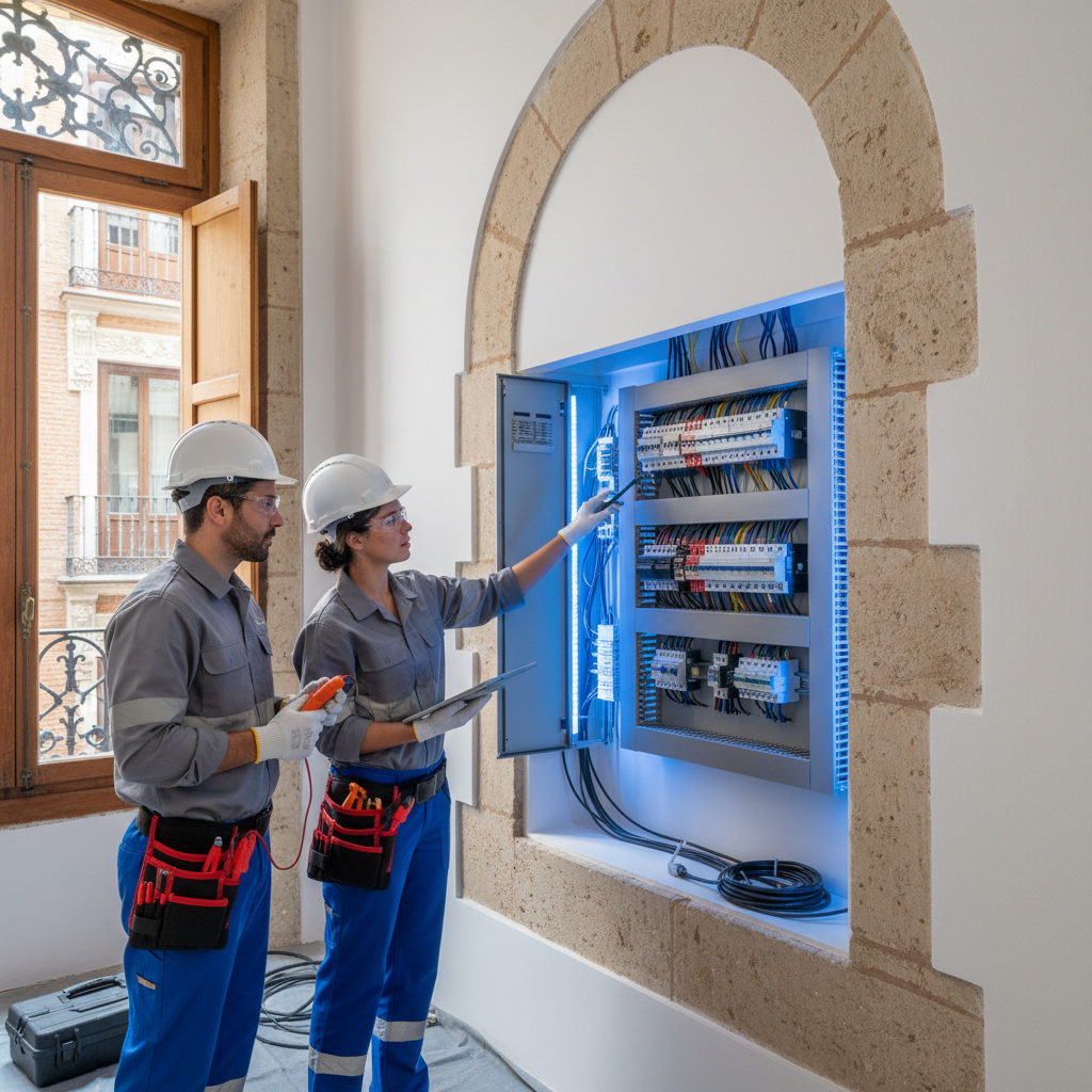 Electricista profesional inspeccionando un cuadro eléctrico comunitario en un edificio de Embajadores, Madrid.