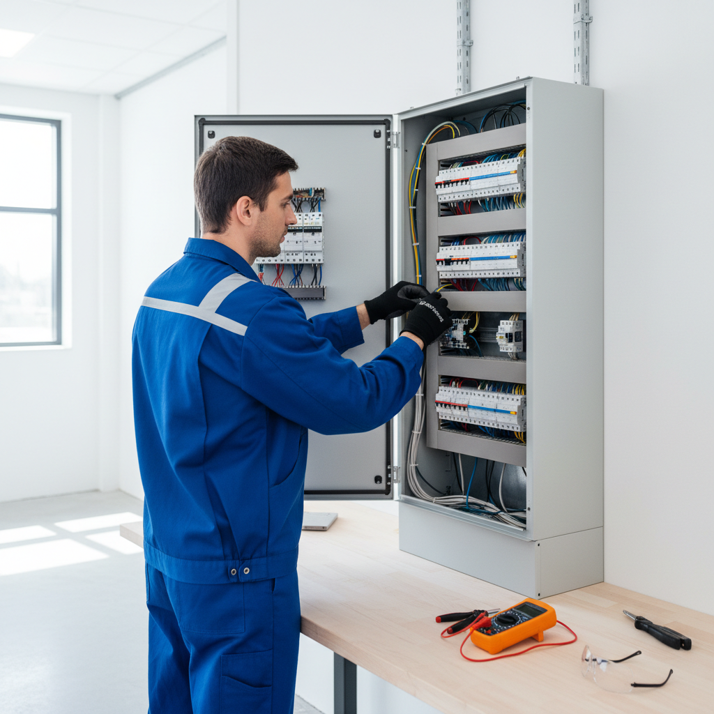 Electricista autorizado revisando un cuadro eléctrico en un piso reformado del barrio de Palacio en Madrid