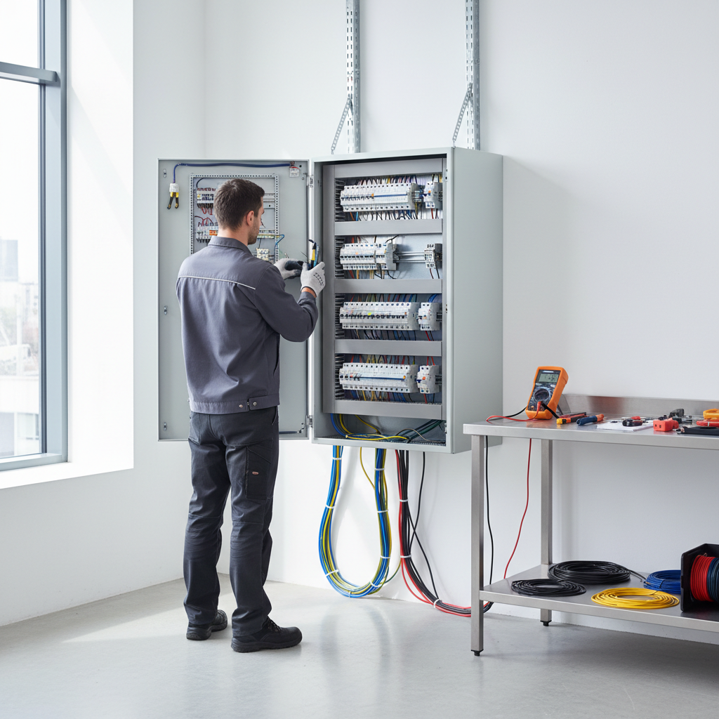 Electricista autorizado revisando un cuadro eléctrico para emitir el boletín eléctrico en Cortes, Madrid