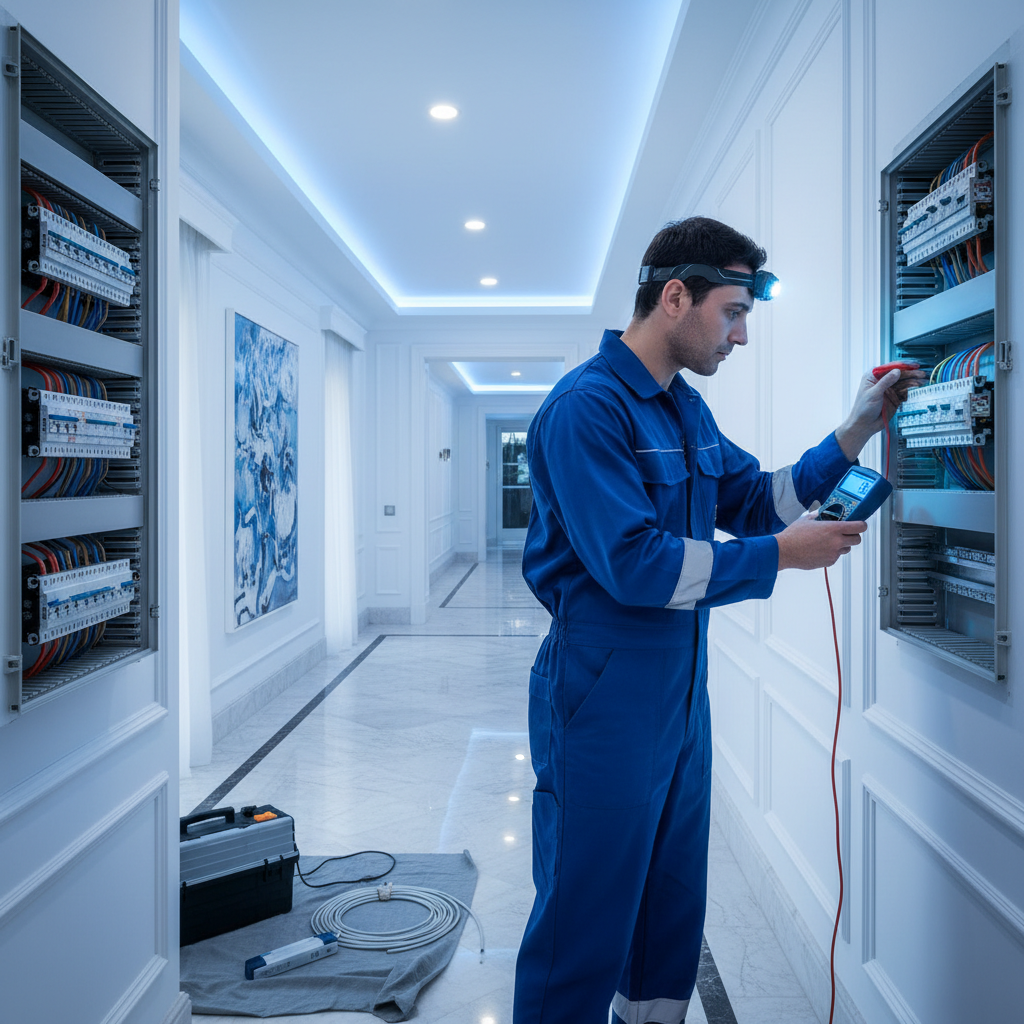 Electricista realizando reparaciones eléctricas en un cuadro técnico de un chalet en Pozuelo de Alarcón