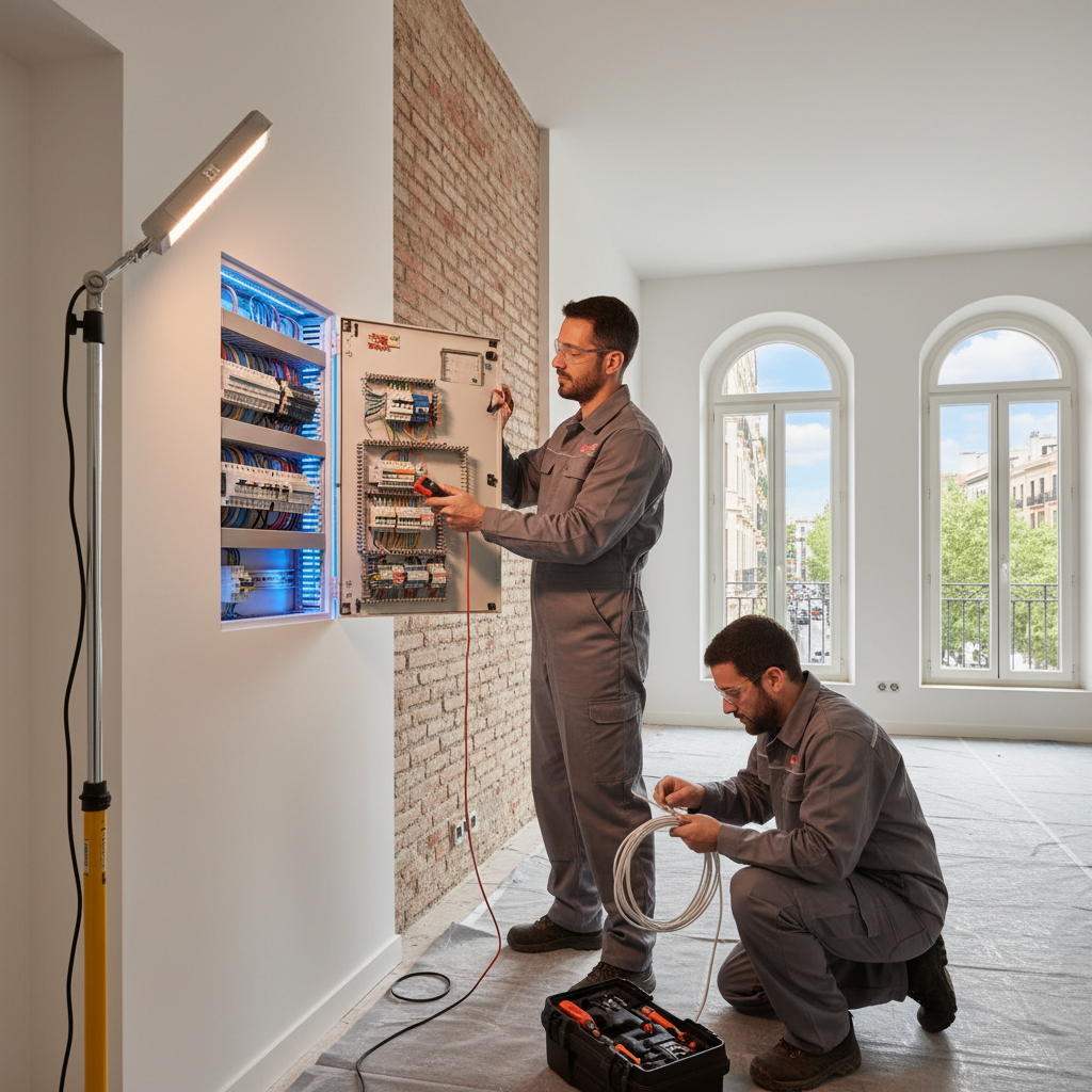 Electricista autorizado cambiando y organizando un cuadro eléctrico moderno en una vivienda del distrito de Retiro en Madrid