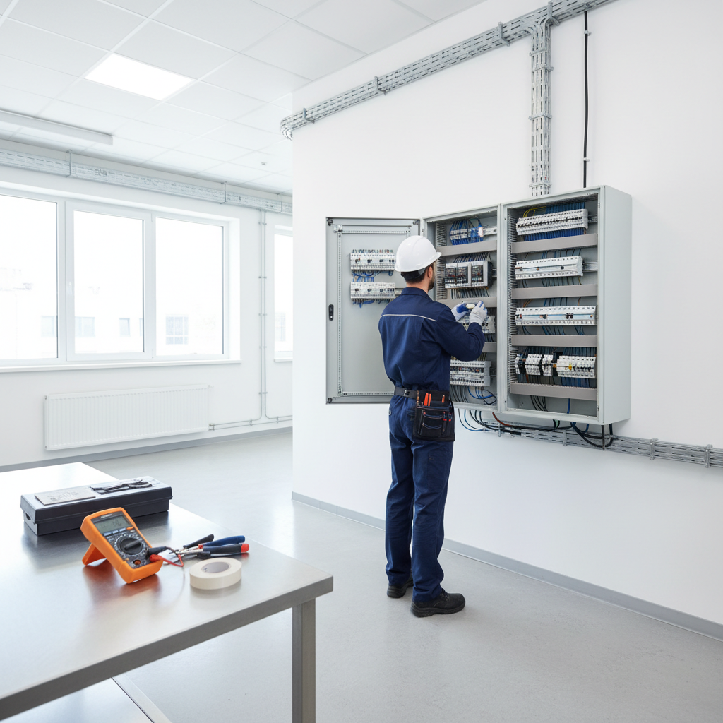 Técnico especialista revisando un cuadro eléctrico en un inmueble del distrito de Chamartín