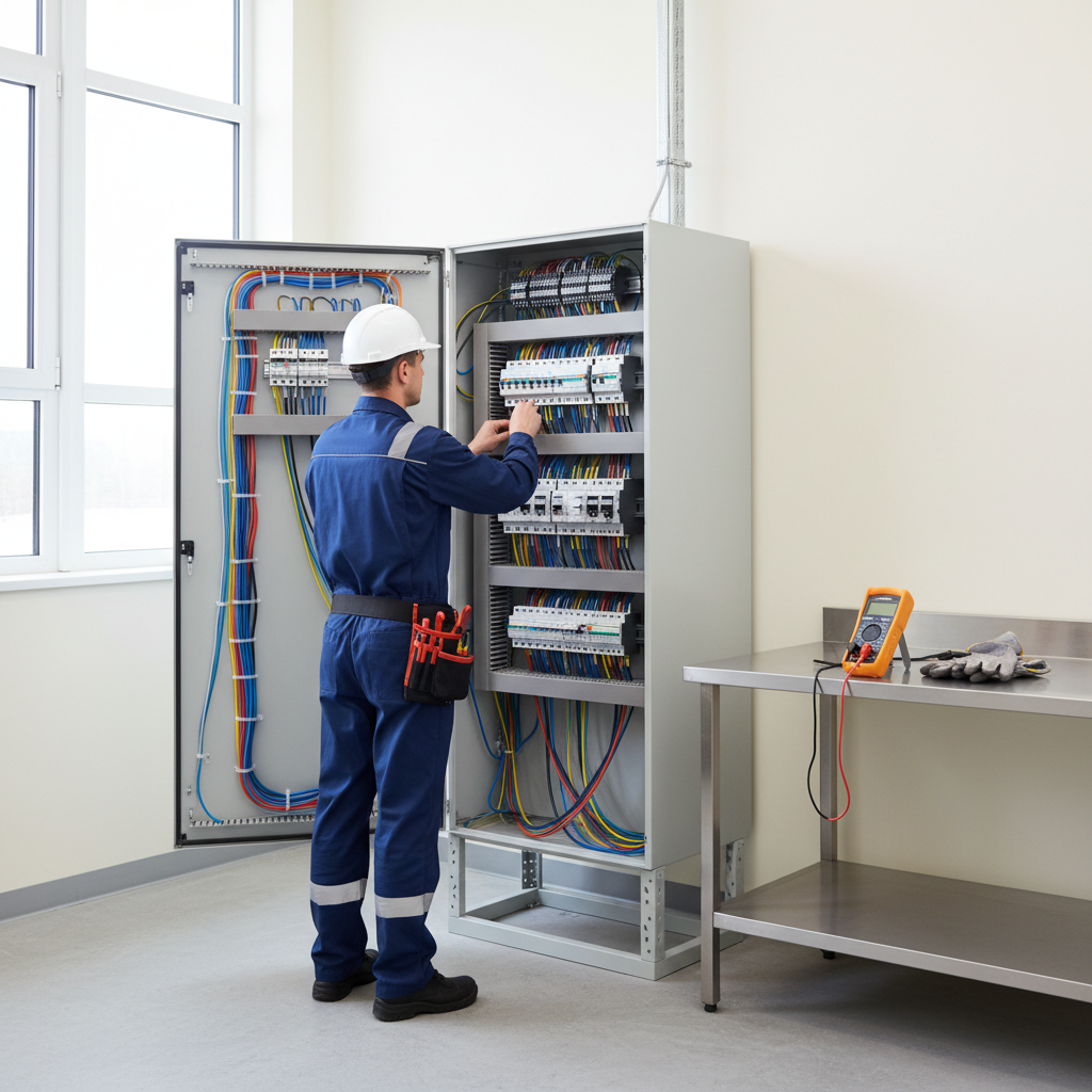 Electricista profesional inspeccionando un cuadro eléctrico con diferencial en Madrid