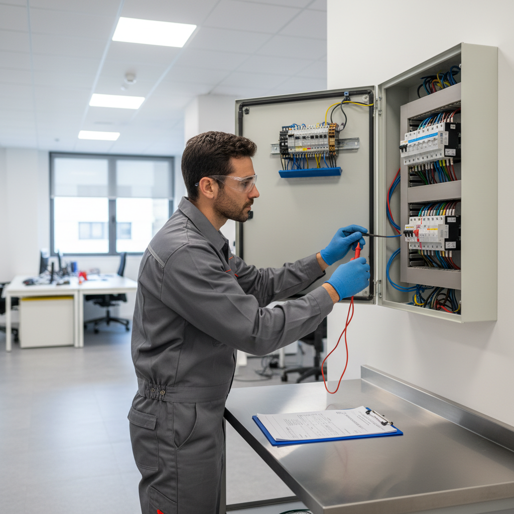 Técnico especialista revisando el cuadro eléctrico para certificado en local comercial de Leganés