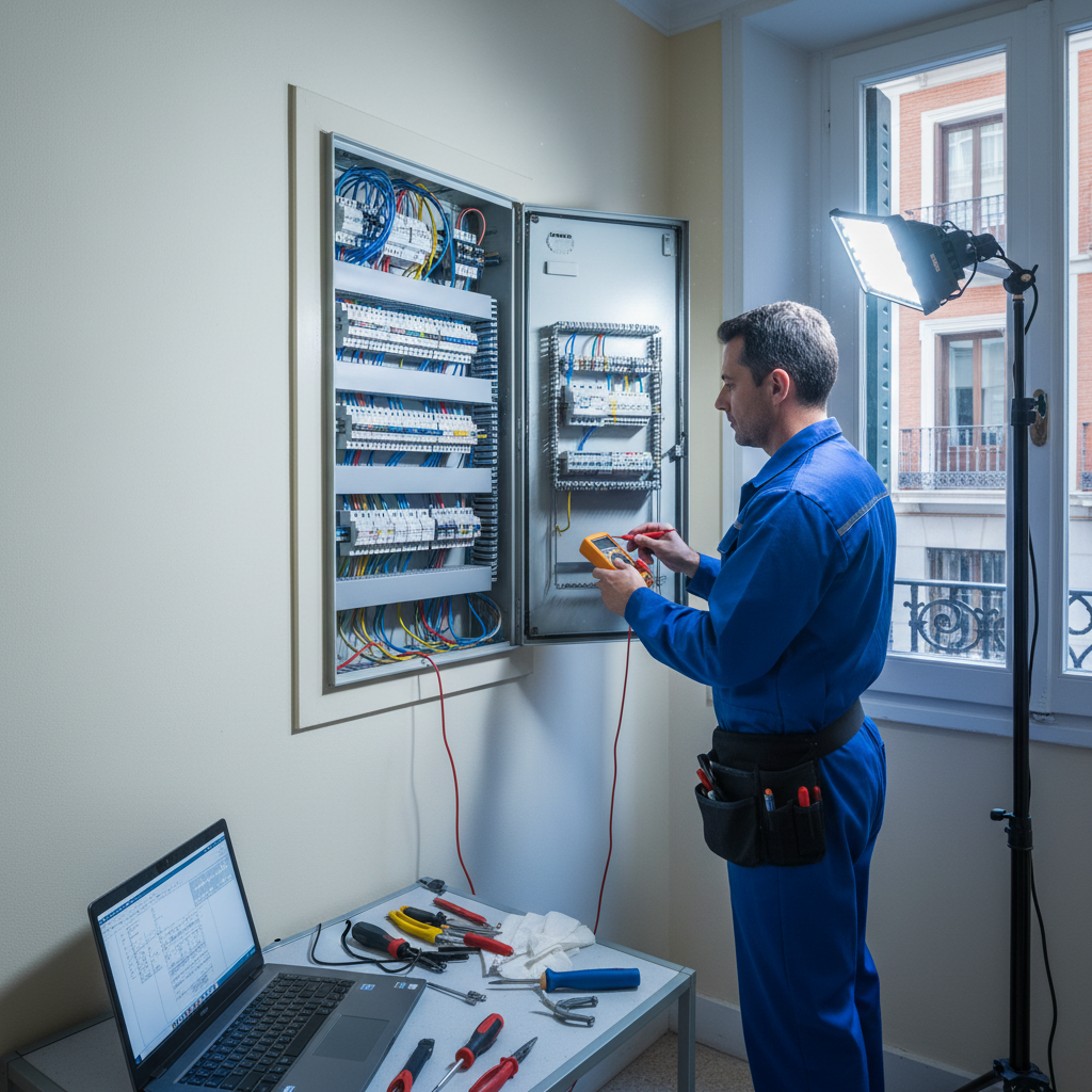 Técnico electricista analizando un cuadro de protección eléctrica en una vivienda de Chamartín