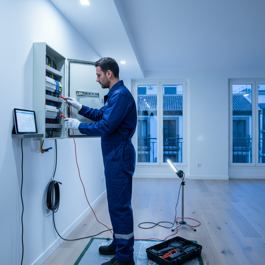 Técnico electricista revisando un cuadro de protección eléctrica con herramientas de medición en Madrid