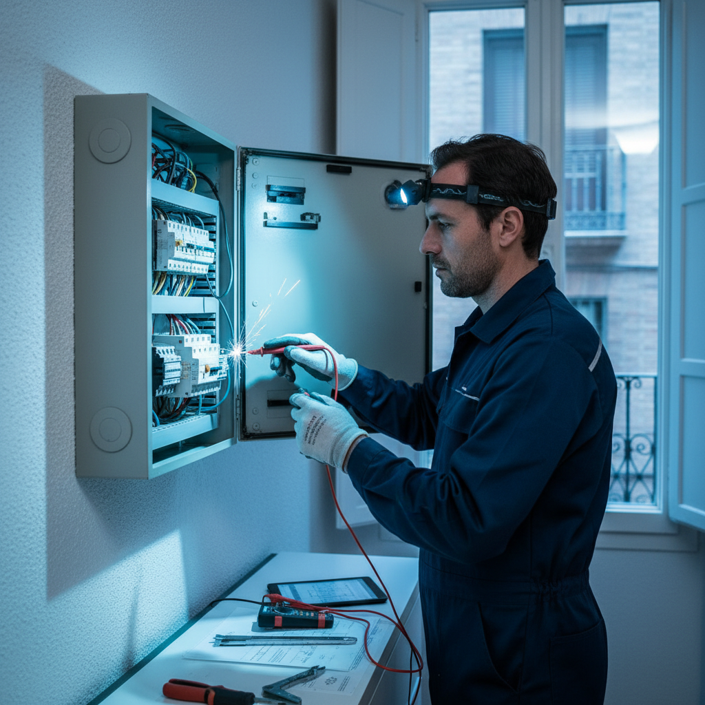 Técnico reparando averías eléctricas en un cuadro de protección en Getafe