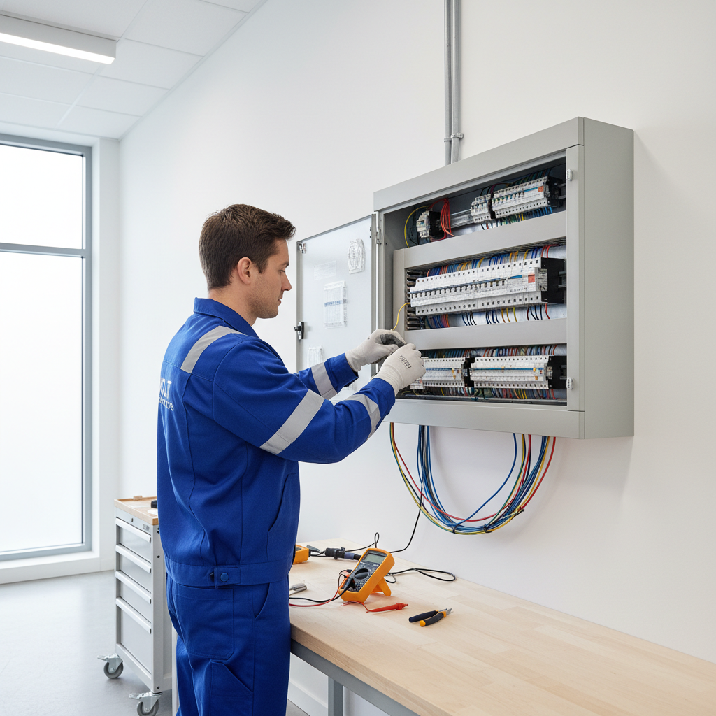 Técnico revisando la instalación del cuadro de protección para emitir el boletín eléctrico en Majadahonda