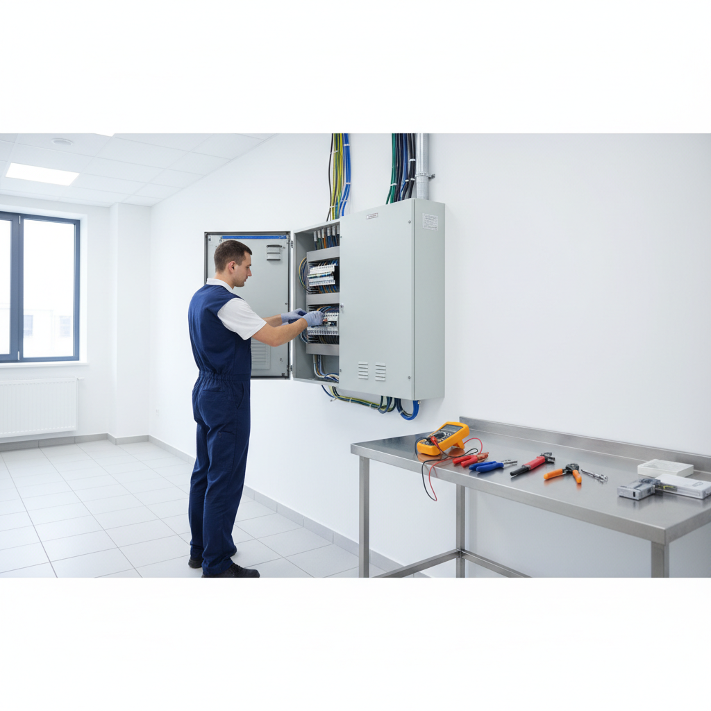 Técnico especialista revisando un cuadro eléctrico de alta capacidad en una vivienda residencial de La Moraleja