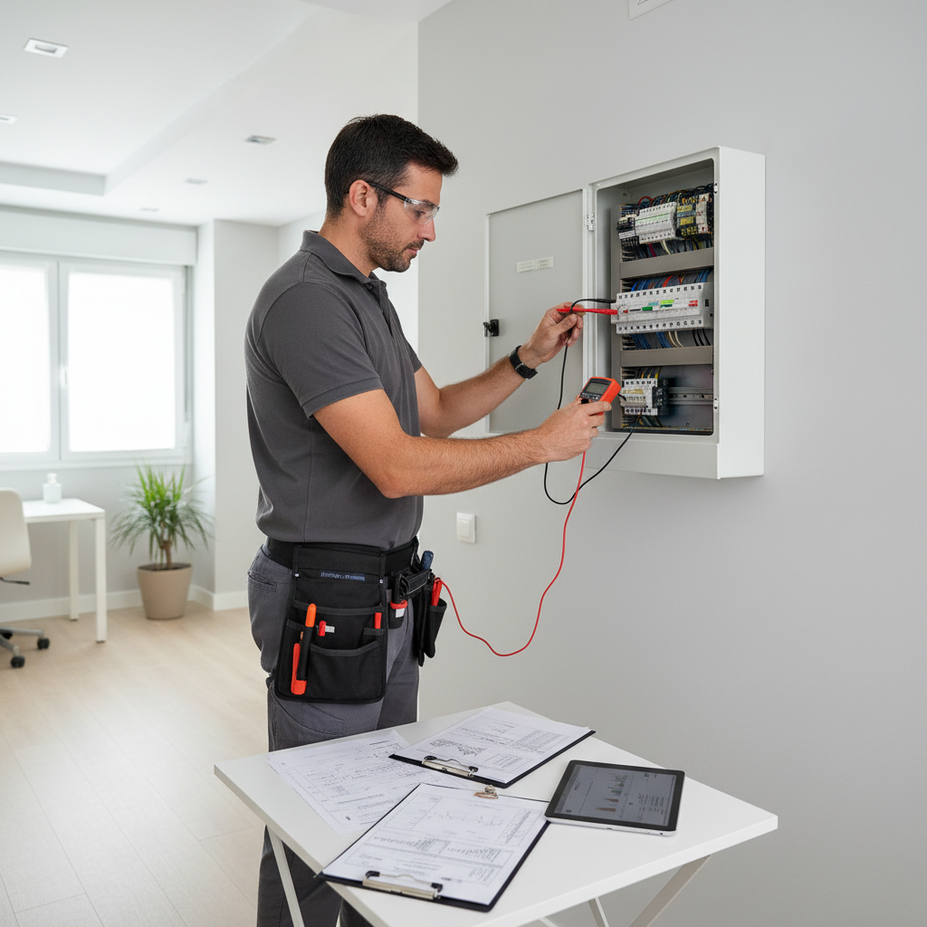Técnico especialista revisando un cuadro eléctrico residencial en Majadahonda para la emisión del certificado de instalación eléctrica.