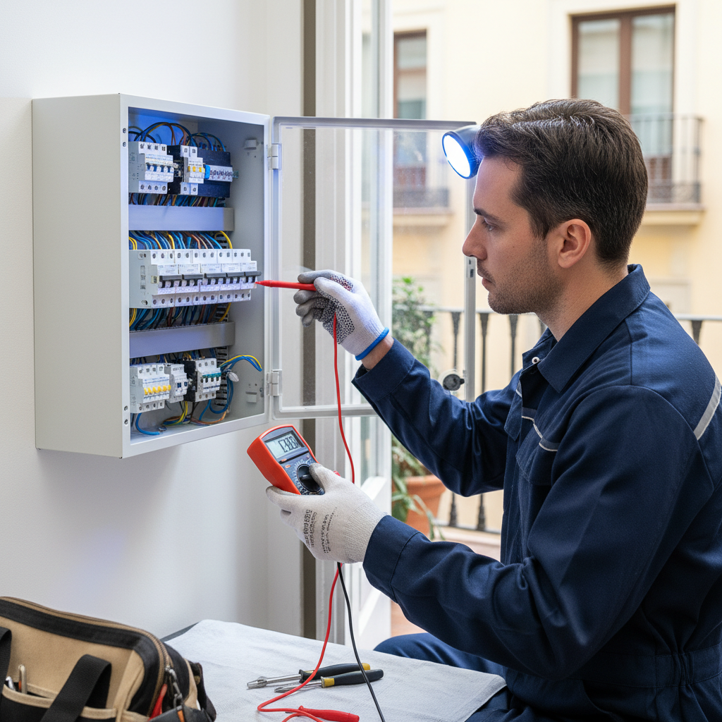 Técnico midiendo intensidad eléctrica en cuadro de vivienda en Latina