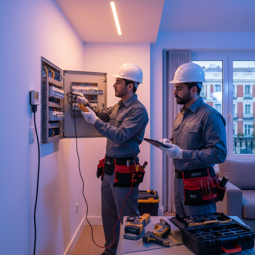 Electricista autorizado analizando un cuadro eléctrico en una vivienda del barrio de Salamanca en Madrid