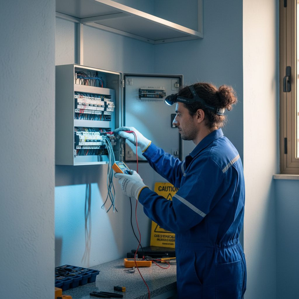 Técnico electricista realizando el diagnóstico de un cuadro eléctrico con instrumentos de medida en Leganés