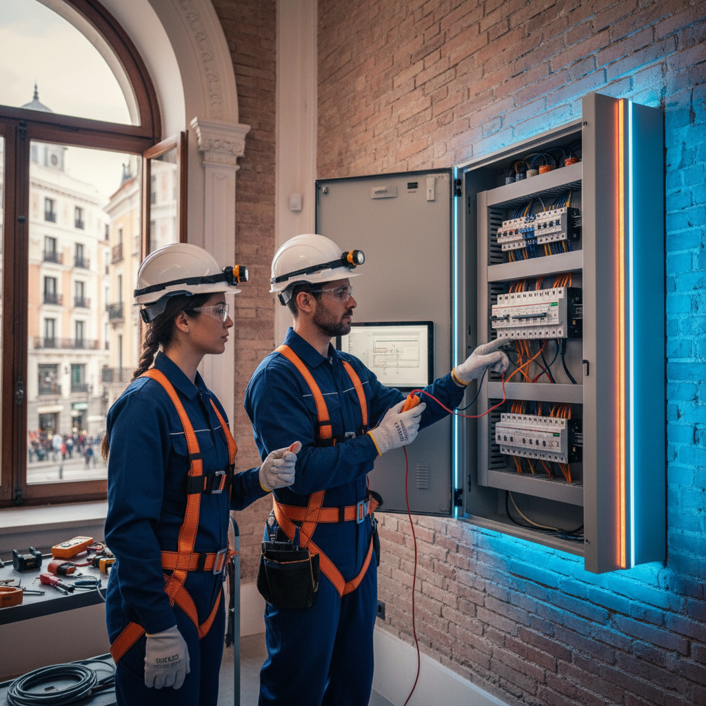 Electricista urgente de Telelectric comprobando una avería en un cuadro eléctrico en el centro de Madrid