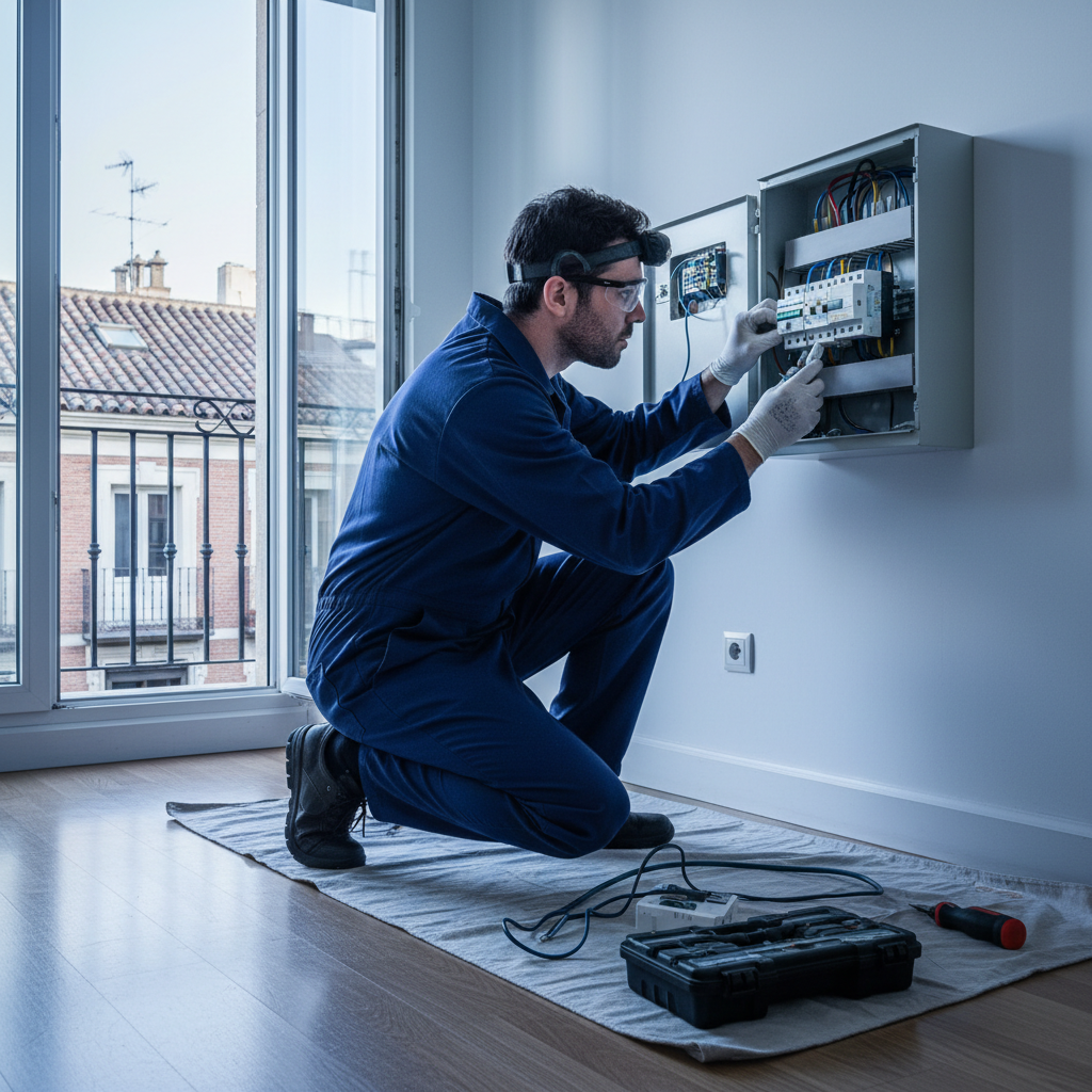 Electricista cualificado cambiando un interruptor diferencial en el cuadro eléctrico de una vivienda en Madrid